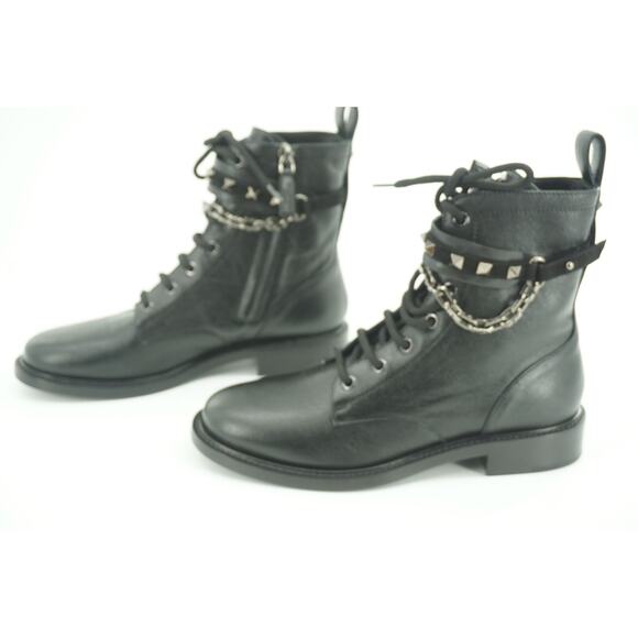 Valentino Rockstud Chain Combat Ankle Boots Size 37 black Leather $1290 - Picture 8 of 12